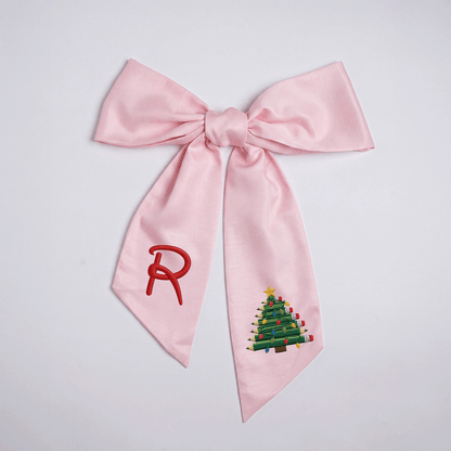 Custom Monogram Pencil Christmas Tree Embroidered Linen Door Wreath Sash, Personalized Initial Teacher School Pencil Tree Lights Holiday Wreath Sash & Front Door Decor