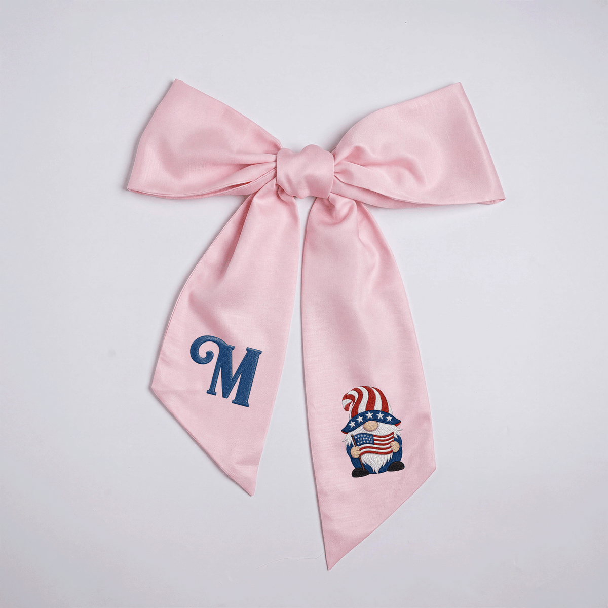 Custom Letter Patriotic Gnome American Flag Embroidered Linen Wreath Sash, Personalized Monogram 4th of July Bow Sash for Door Decor