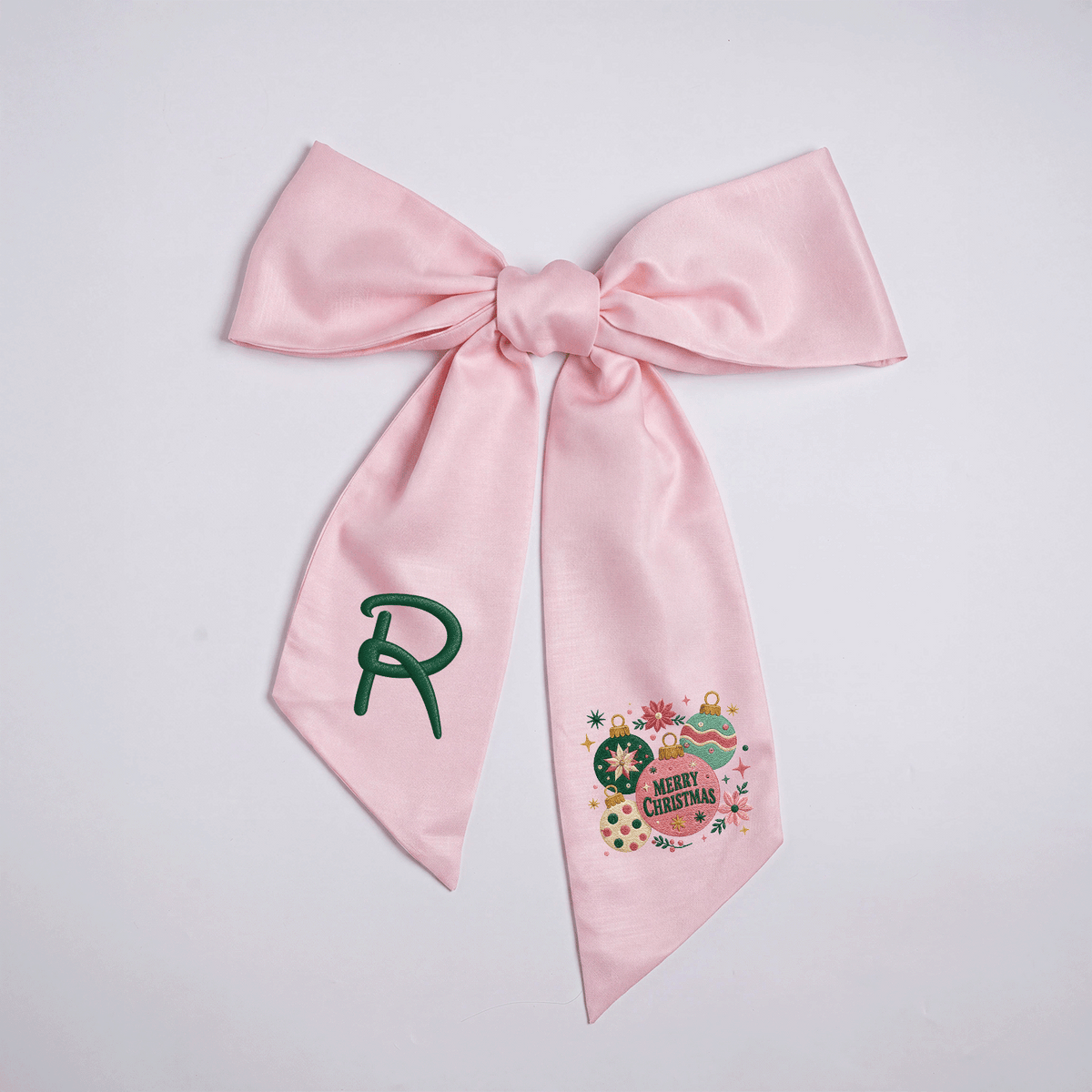 Custom Monogram Merry Christmas Ornaments Embroidered Linen Door Wreath Sash, Personalized Initial Festive Baubles Floral Holiday Wreath Sash & Front Door Decor