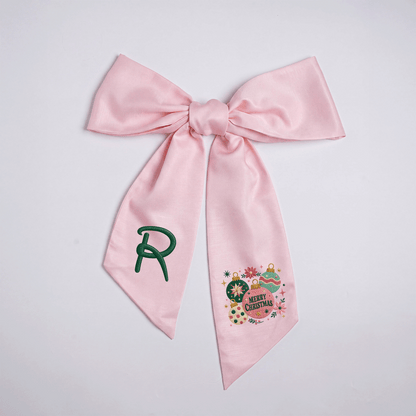 Custom Monogram Merry Christmas Ornaments Embroidered Linen Door Wreath Sash, Personalized Initial Festive Baubles Floral Holiday Wreath Sash & Front Door Decor