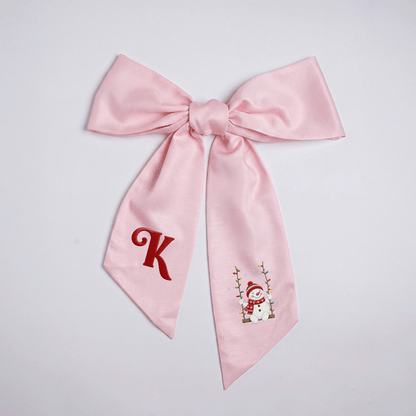Custom Letter Snowman on Swing Embroidered Linen Wreath Sash, Personalized Monogram Holiday Bow Sash for Door Decor