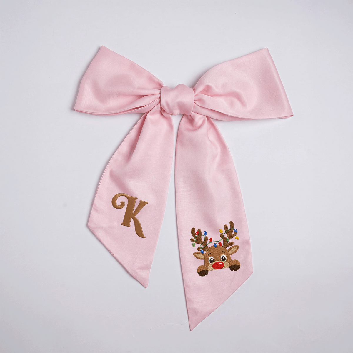 Custom Letter Reindeer Christmas Lights Embroidered Linen Wreath Sash, Personalized Monogram Holiday Bow Sash for Door Decor