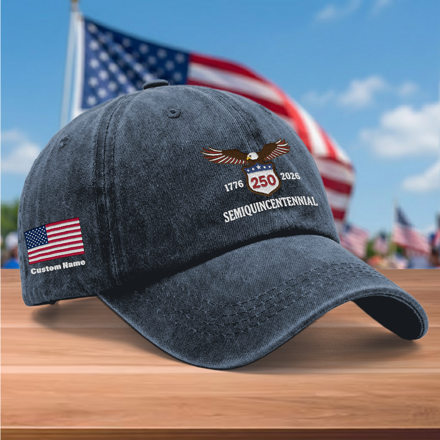 USA 250th Semiquincentennial 1776-2026 Eagle Embroidered Washed Denim Baseball Cap – Custom Name Patriotic Anniversary Hat