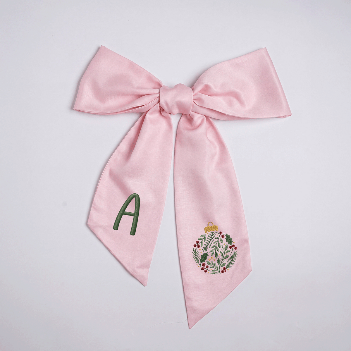 Personalized Monogram Christmas Bauble Embroidered Linen Door Wreath Sash, Custom Initial Botanical Holiday Wreath Bow Sash Decor, Festive Front Door Home Accessories
