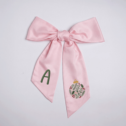 Personalized Monogram Christmas Bauble Embroidered Linen Door Wreath Sash, Custom Initial Botanical Holiday Wreath Bow Sash Decor, Festive Front Door Home Accessories