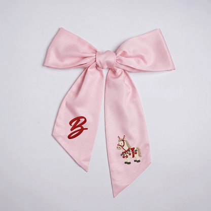 Custom Letter Christmas Rocking Horse Embroidered Linen Wreath Sash, Personalized Monogram Holiday Bow Sash for Door Decor