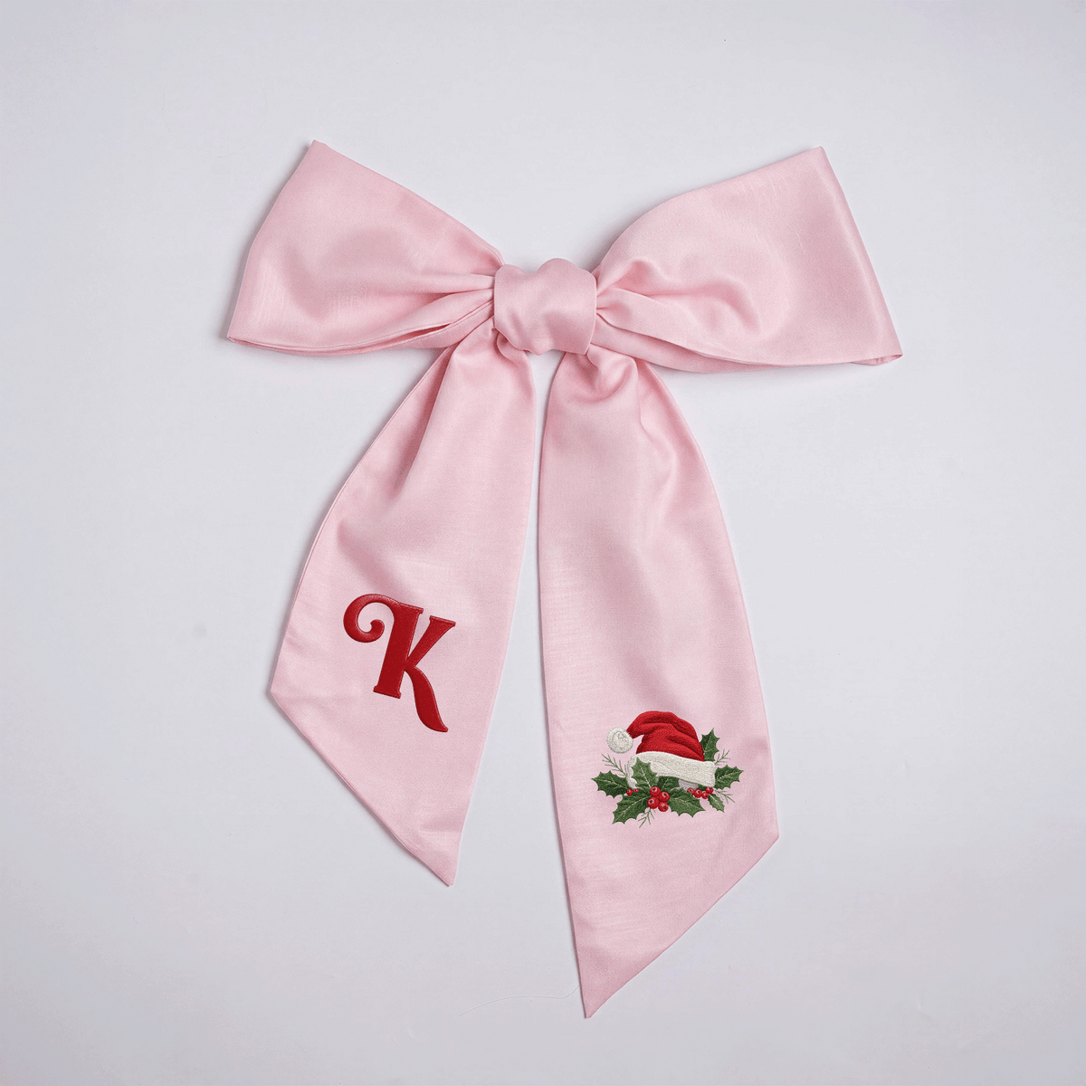 Custom Letter Christmas Santa Hat Embroidered Linen Wreath Sash, Personalized Sage Floral Monogram Bow for Front Door Decor