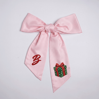 Custom Letter Red Bow Green Gift Box Embroidered Linen Wreath Sash, Personalized Monogram Holiday Bow Sash for Door Decor
