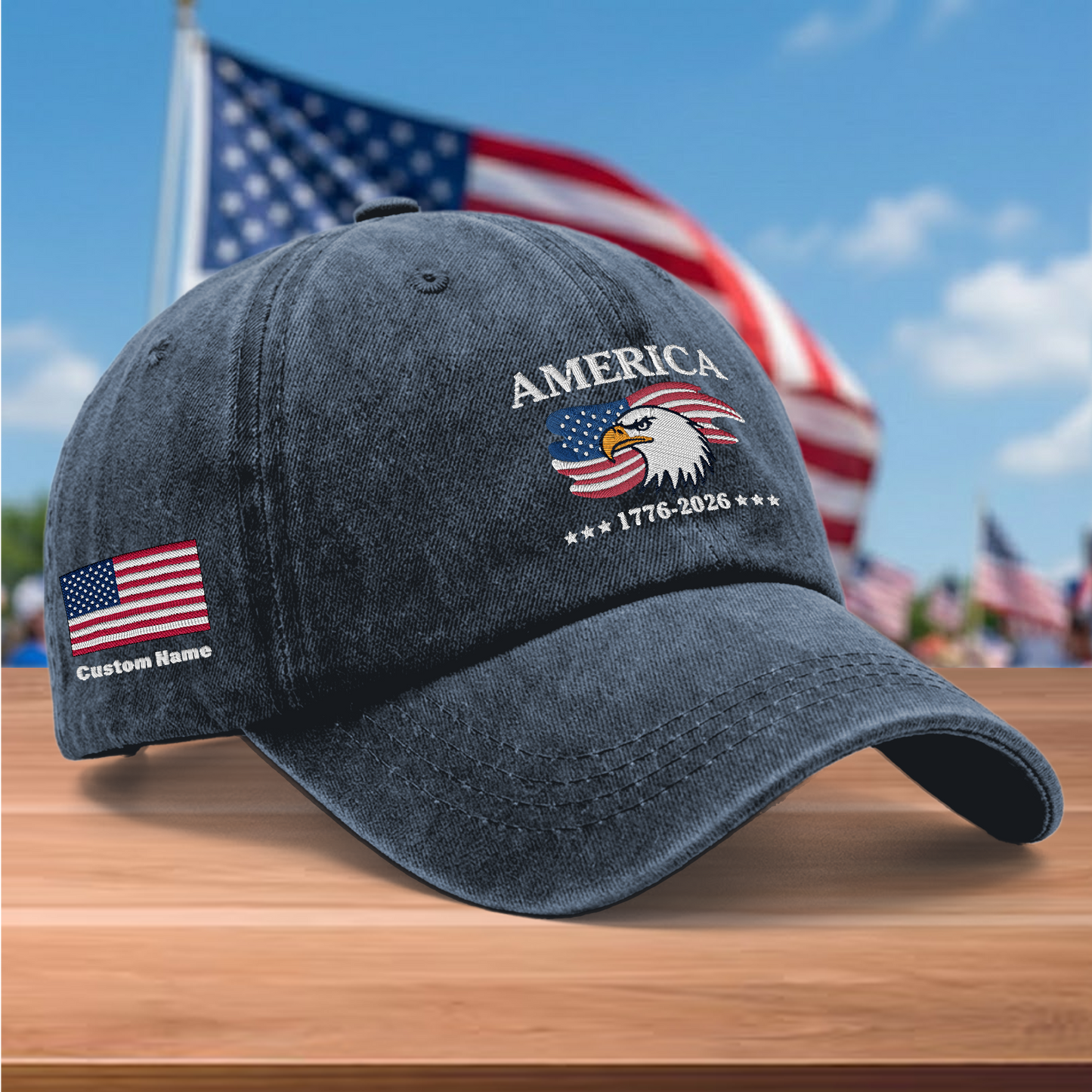 America 250 Years 1776-2026 Eagle Embroidered Washed Denim Baseball Cap – Custom Name Patriotic USA Anniversary Hat