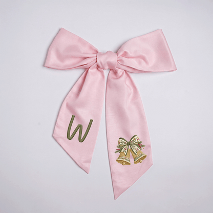 Personalized Monogram Golden Christmas Bells Embroidered Linen Door Wreath Sash, Custom Initial Holiday Wreath Bow Sash Decor, Festive Front Door Home Accessories