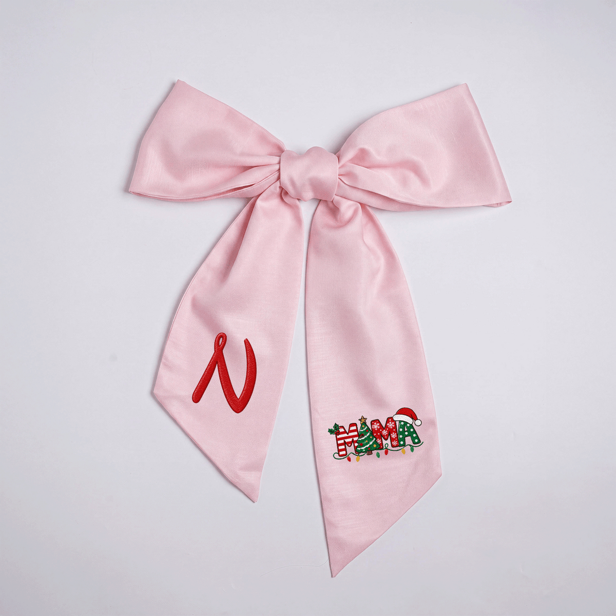 Custom Monogram Mama Embroidered Linen Door Wreath Sash, Personalized Initial Christmas Tree Lights Santa Hat Typography Holiday Wreath Sash & Front Door Decor