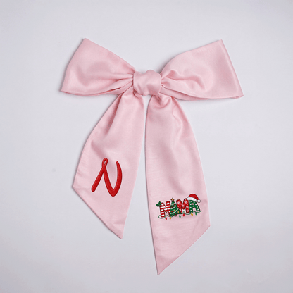 Custom Monogram Mama Embroidered Linen Door Wreath Sash, Personalized Initial Christmas Tree Lights Santa Hat Typography Holiday Wreath Sash & Front Door Decor