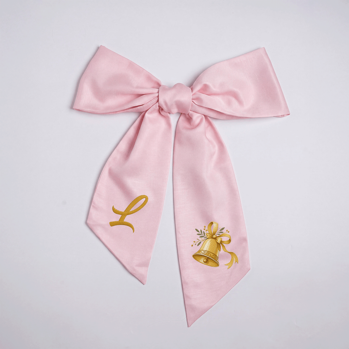 Custom Letter Golden Christmas Bell Embroidered Linen Wreath Sash, Personalized Monogram Holiday Bow Sash for Door Decor