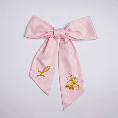 Custom Letter Golden Christmas Bell Embroidered Linen Wreath Sash, Personalized Monogram Holiday Bow Sash for Door Decor