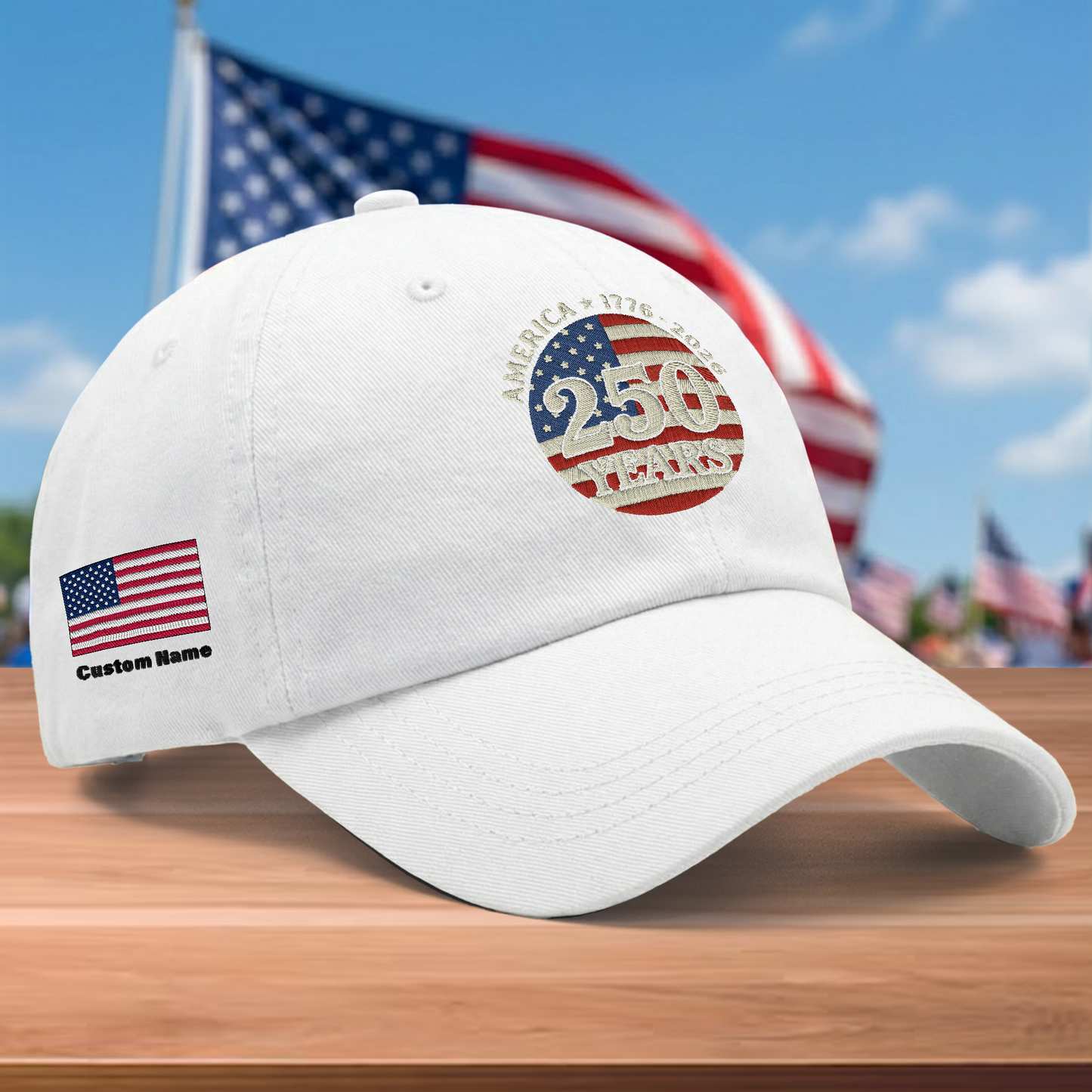 America 250 Years 1776-2026 Embroidered Washed Denim Baseball Cap – Custom Name Patriotic USA Anniversary Hat