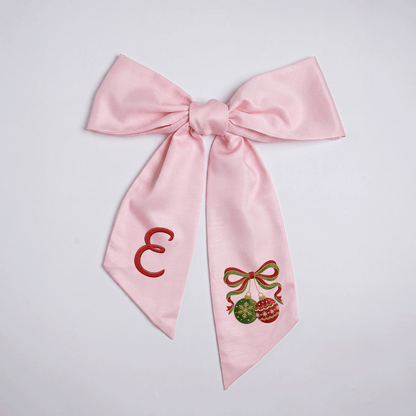 Custom Monogram Christmas Ornaments Embroidered Linen Door Wreath Sash, Personalized Initial Red Green Baubles Ribbon Holiday Wreath Sash & Front Door Decor
