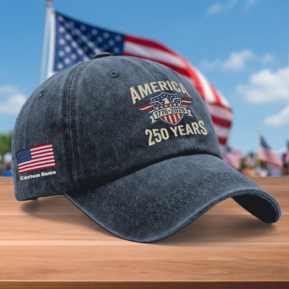 America 250th Anniversary 1776-2026 Embroidered Baseball Cap – Custom Name Patriotic USA Washed Denim Hat