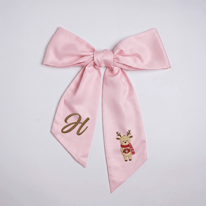 Custom Letter Christmas Reindeer Embroidered Linen Wreath Sash, Personalized Monogram Holiday Bow Sash for Door Decor