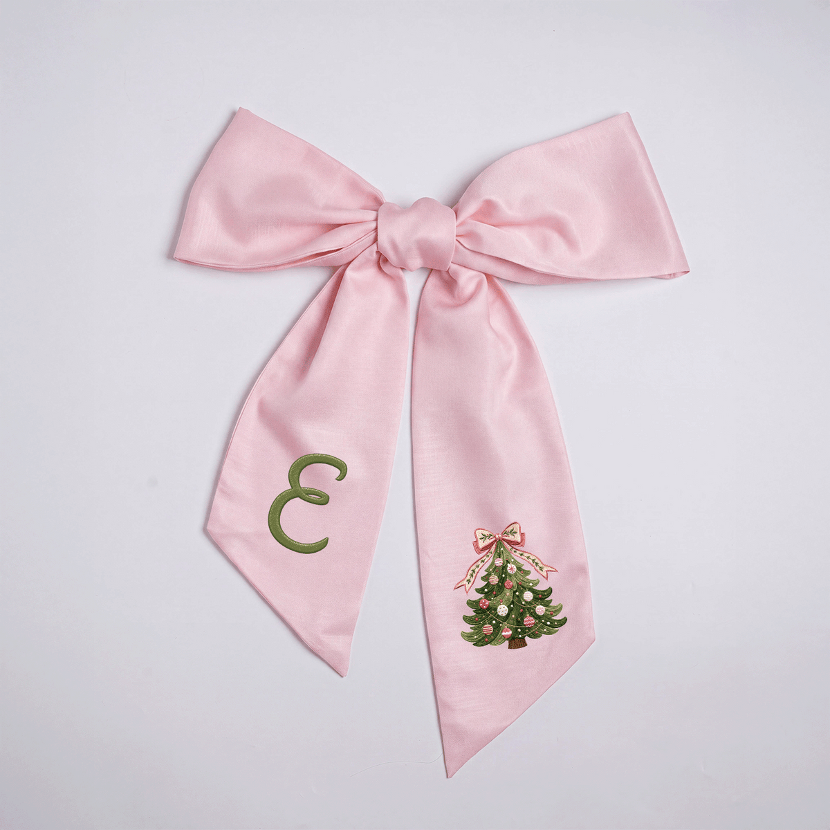 Custom Monogram Christmas Tree Embroidered Linen Door Wreath Sash, Personalized Initial Pink Bow Pine Tree Holiday Wreath Sash & Front Door Decor