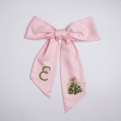 Custom Monogram Christmas Tree Embroidered Linen Door Wreath Sash, Personalized Initial Pink Bow Pine Tree Holiday Wreath Sash & Front Door Decor