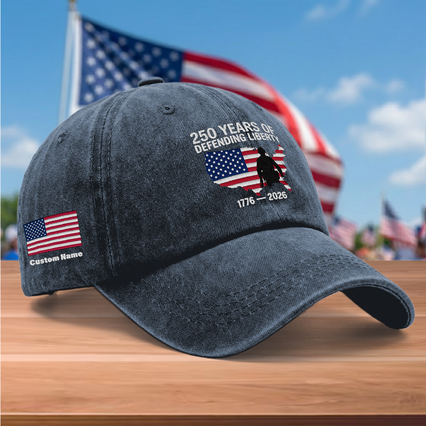 250 Years of Defending Liberty 1776-2026 Embroidered Washed Denim Baseball Cap – Custom Name Patriotic USA Military Anniversary Hat