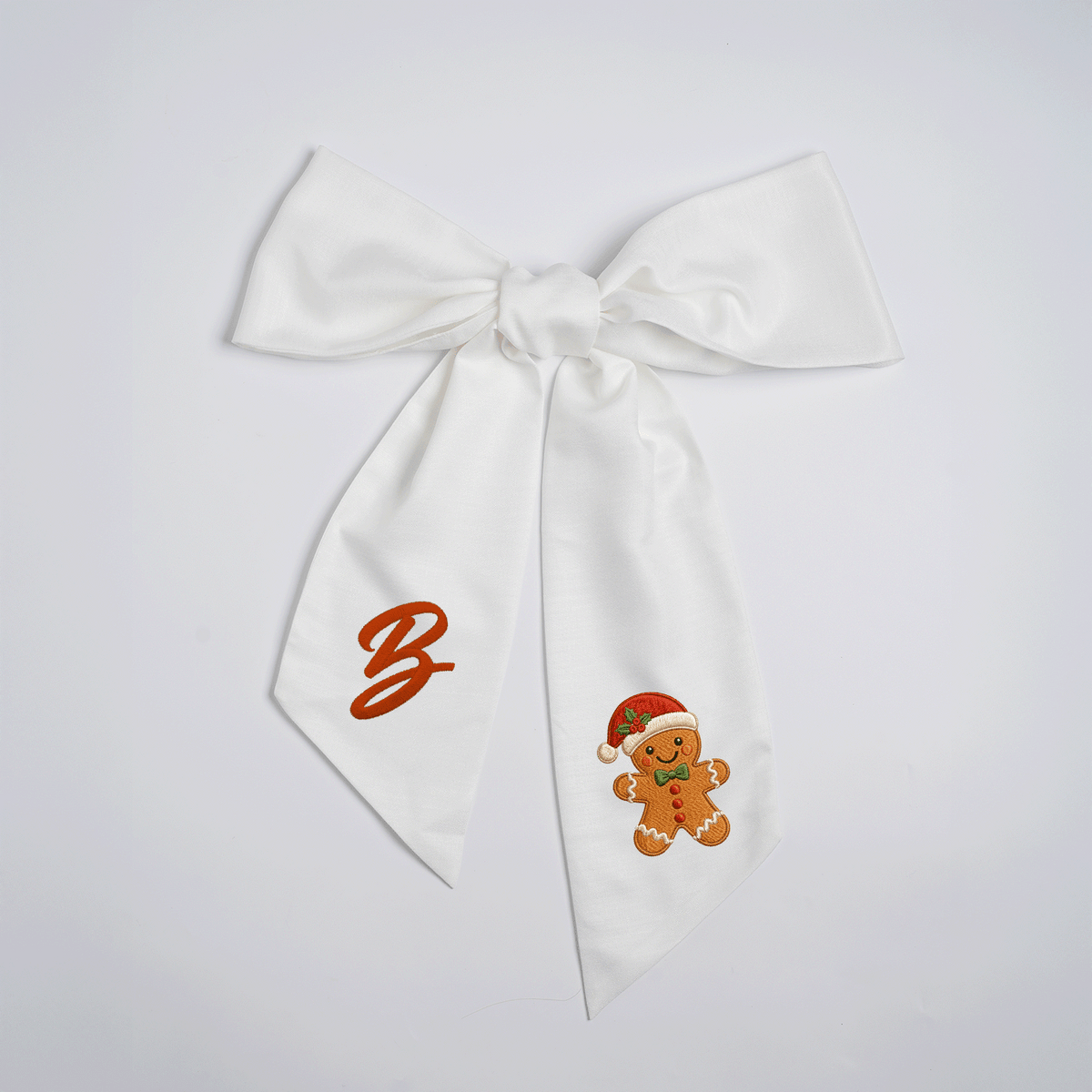 Custom Letter Gingerbread Man Gingham Embroidered Linen Wreath Sash, Personalized Monogram Holiday Bow Sash for Door Decor