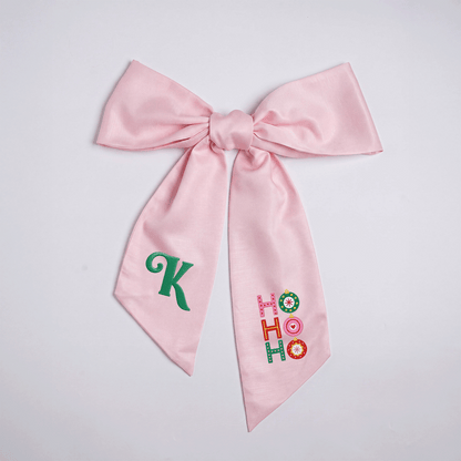 Custom Letter Christmas Ho Ho Ho Embroidered Linen Wreath Sash, Personalized Monogram Festive Ornament Bow Sash for Front Door Decor