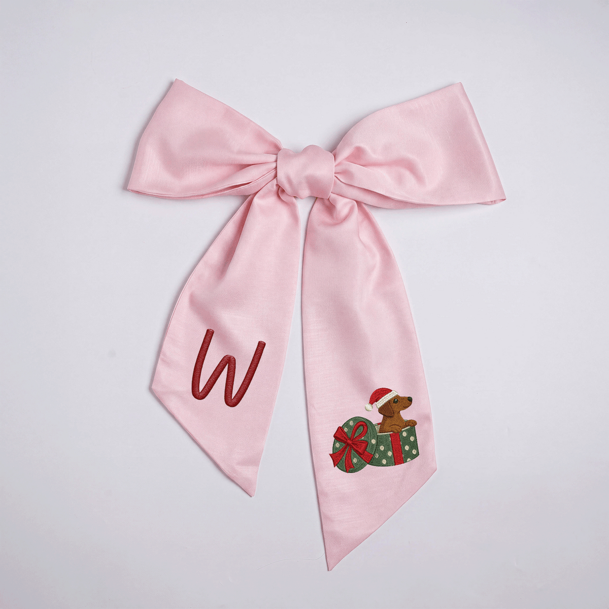 Personalized Monogram Christmas Dog in Present Box Embroidered Linen Door Wreath Sash, Custom Initial Holiday Dachshund Wreath Bow Sash Decor, Festive Front Door Home Accessories
