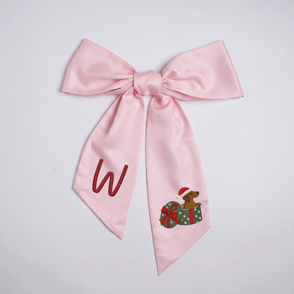 Personalized Monogram Christmas Dog in Present Box Embroidered Linen Door Wreath Sash, Custom Initial Holiday Dachshund Wreath Bow Sash Decor, Festive Front Door Home Accessories