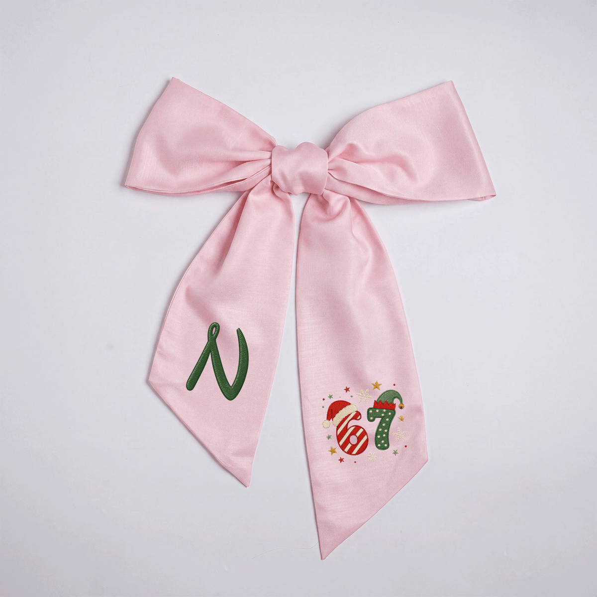 Custom Monogram Christmas 67 Santa Elf Hat Embroidered Linen Door Wreath Sash, Personalized Wreath Sash & Front Door Decor