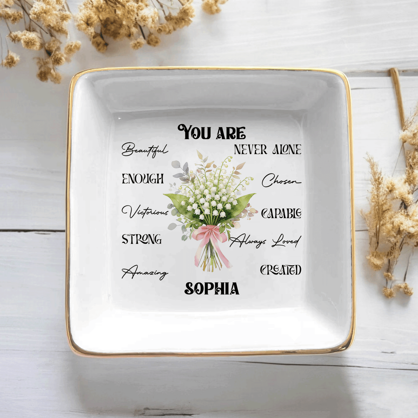 Personalized Bible Verse Ring Dish with Birth Flower – Faith Gift for Mom & Daughter – Christian Jewelry Tray