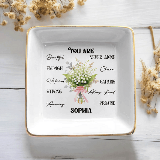 Personalized Bible Verse Ring Dish with Birth Flower – Faith Gift for Mom & Daughter – Christian Jewelry Tray