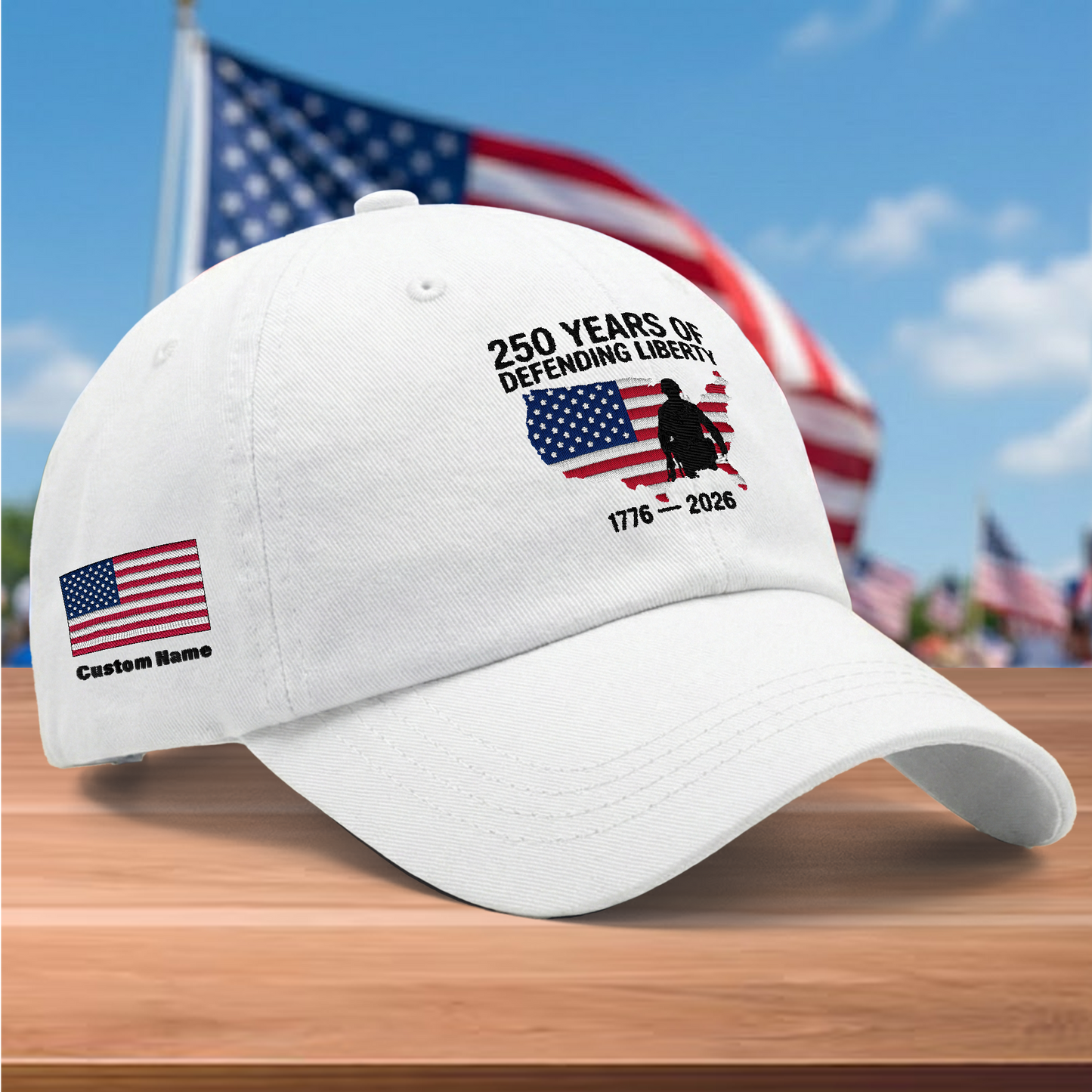 250 Years of Defending Liberty 1776-2026 Embroidered Washed Denim Baseball Cap – Custom Name Patriotic USA Military Anniversary Hat