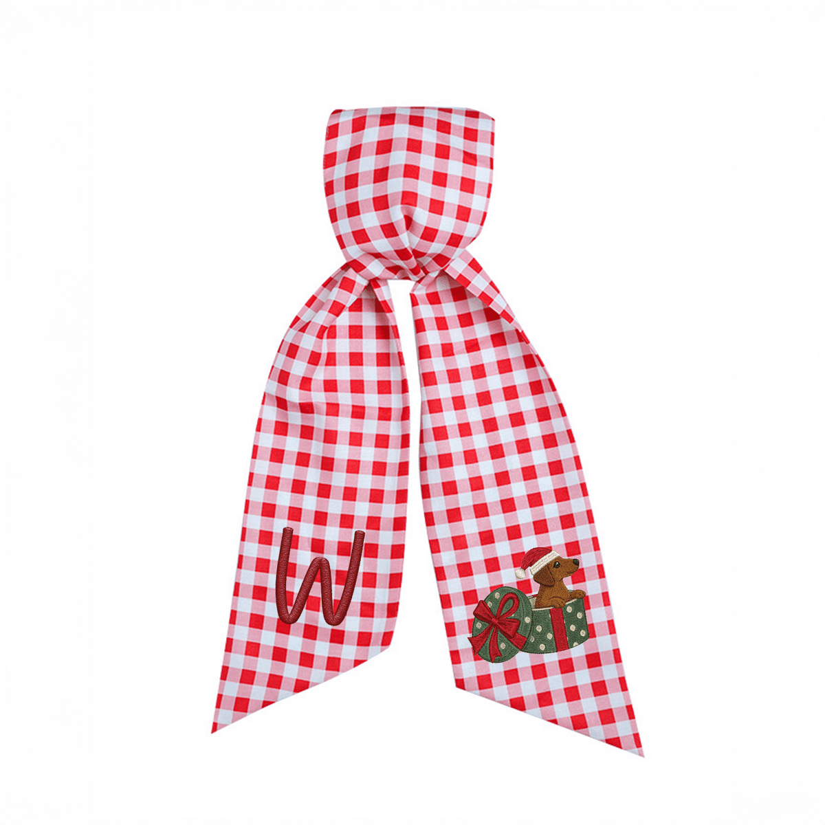 Personalized Monogram Christmas Dog in Present Box Embroidered Linen Door Wreath Sash, Custom Initial Holiday Dachshund Wreath Bow Sash Decor, Festive Front Door Home Accessories