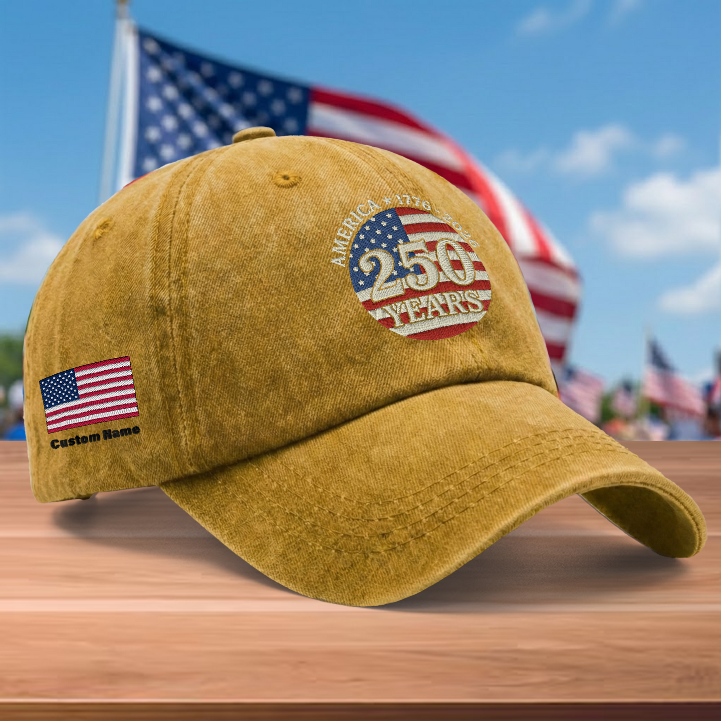 America 250 Years 1776-2026 Embroidered Washed Denim Baseball Cap – Custom Name Patriotic USA Anniversary Hat