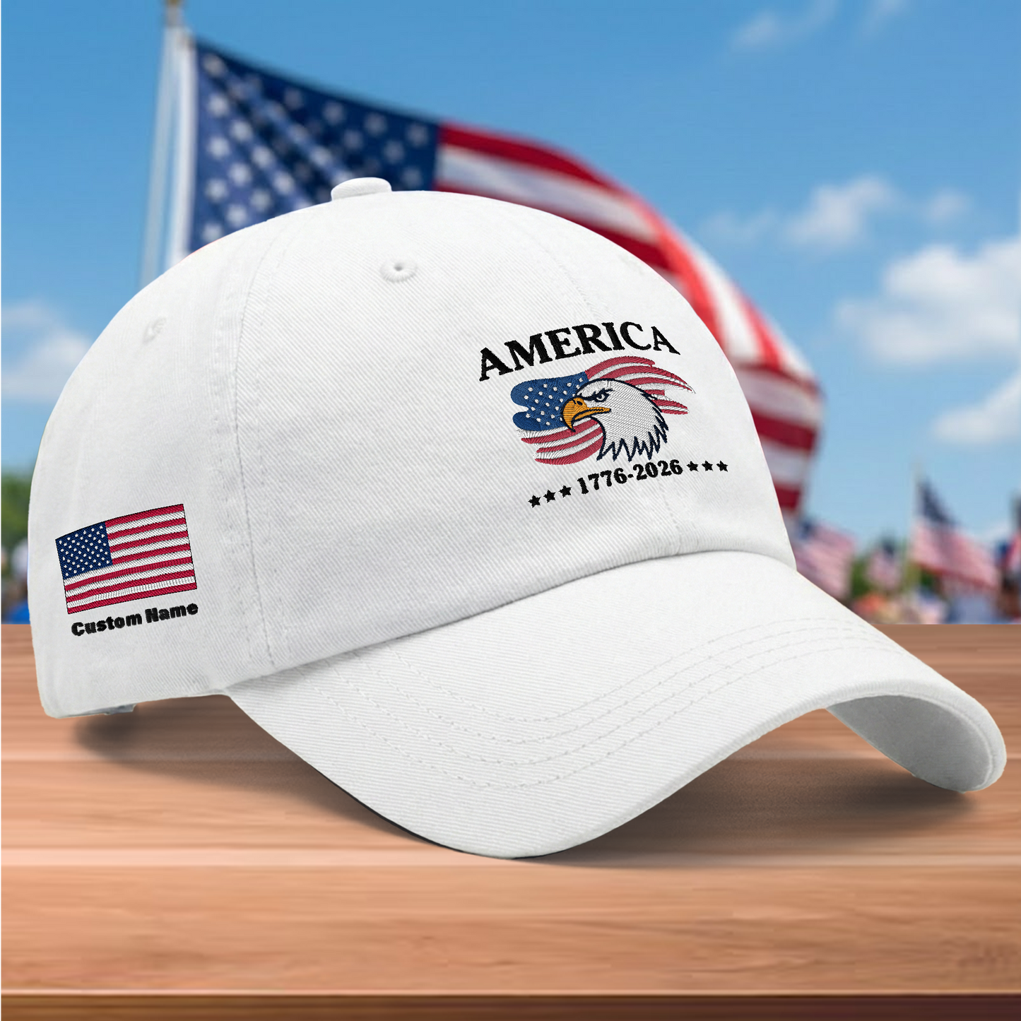 America 250 Years 1776-2026 Eagle Embroidered Washed Denim Baseball Cap – Custom Name Patriotic USA Anniversary Hat
