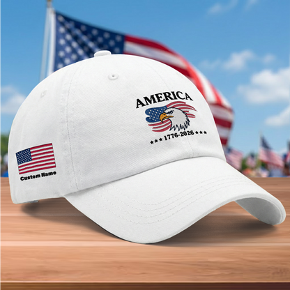 America 250 Years 1776-2026 Eagle Embroidered Washed Denim Baseball Cap – Custom Name Patriotic USA Anniversary Hat