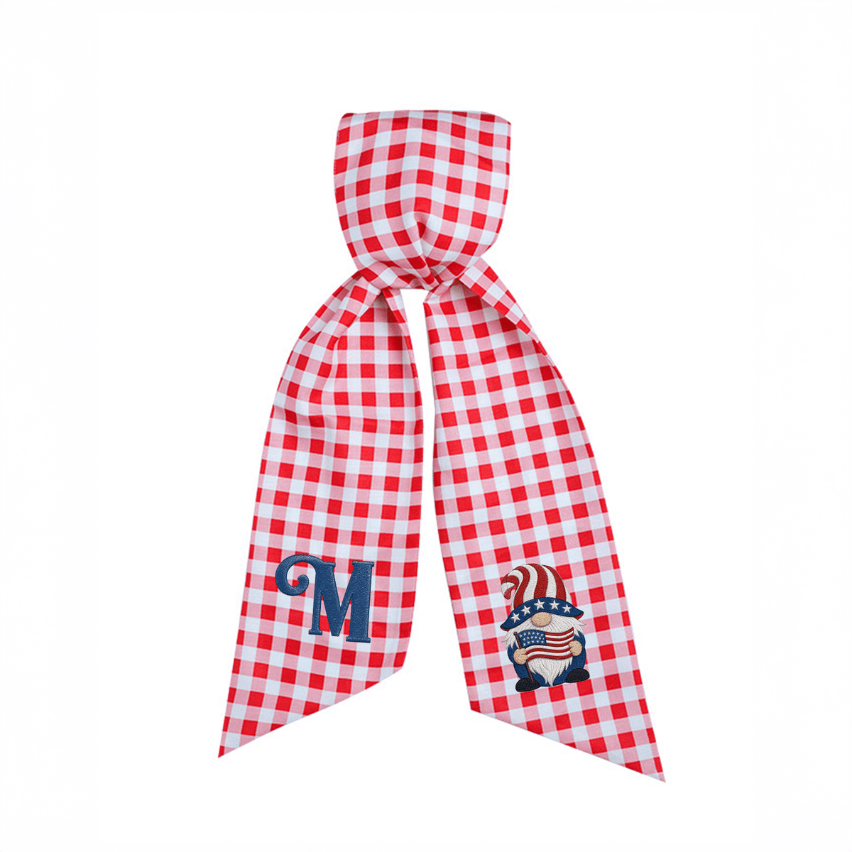 Custom Letter Patriotic Gnome American Flag Embroidered Linen Wreath Sash, Personalized Monogram 4th of July Bow Sash for Door Decor
