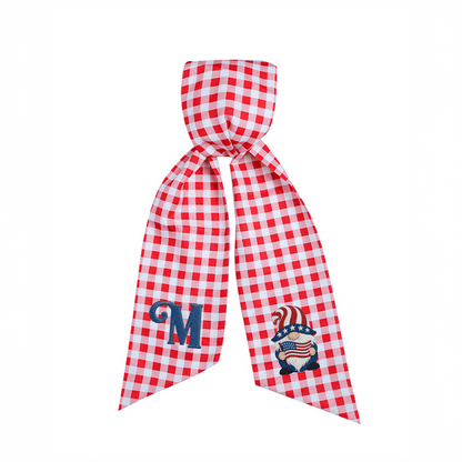 Custom Letter Patriotic Gnome American Flag Embroidered Linen Wreath Sash, Personalized Monogram 4th of July Bow Sash for Door Decor