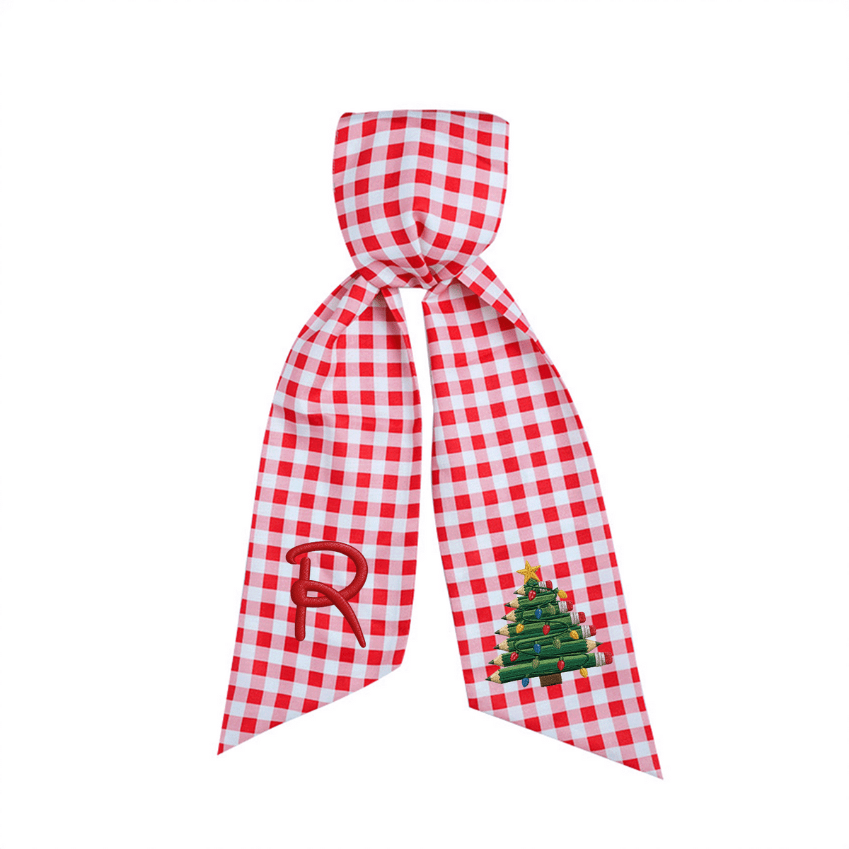 Custom Monogram Pencil Christmas Tree Embroidered Linen Door Wreath Sash, Personalized Initial Teacher School Pencil Tree Lights Holiday Wreath Sash & Front Door Decor