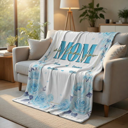 Mom, We Love You – Heartfelt Mother’s Day Gift from Kids – Personalized Floral Heart Blanket