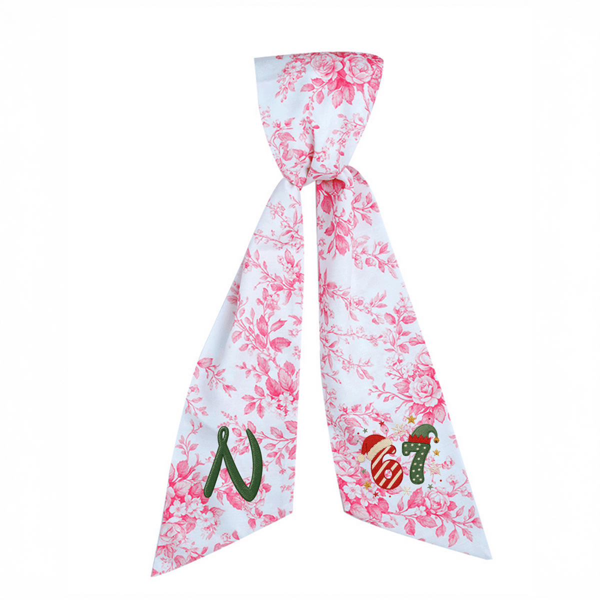 Custom Monogram Christmas 67 Santa Elf Hat Embroidered Linen Door Wreath Sash, Personalized Wreath Sash & Front Door Decor