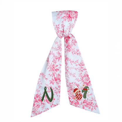 Custom Monogram Christmas 67 Santa Elf Hat Embroidered Linen Door Wreath Sash, Personalized Wreath Sash & Front Door Decor
