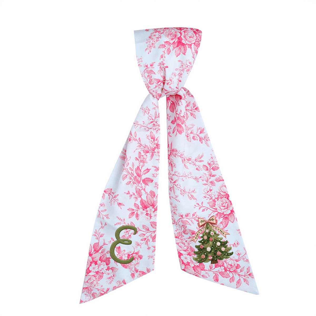 Custom Monogram Christmas Tree Embroidered Linen Door Wreath Sash, Personalized Initial Pink Bow Pine Tree Holiday Wreath Sash & Front Door Decor
