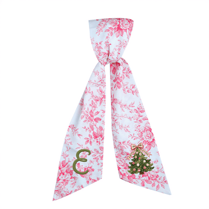 Custom Monogram Christmas Tree Embroidered Linen Door Wreath Sash, Personalized Initial Pink Bow Pine Tree Holiday Wreath Sash & Front Door Decor