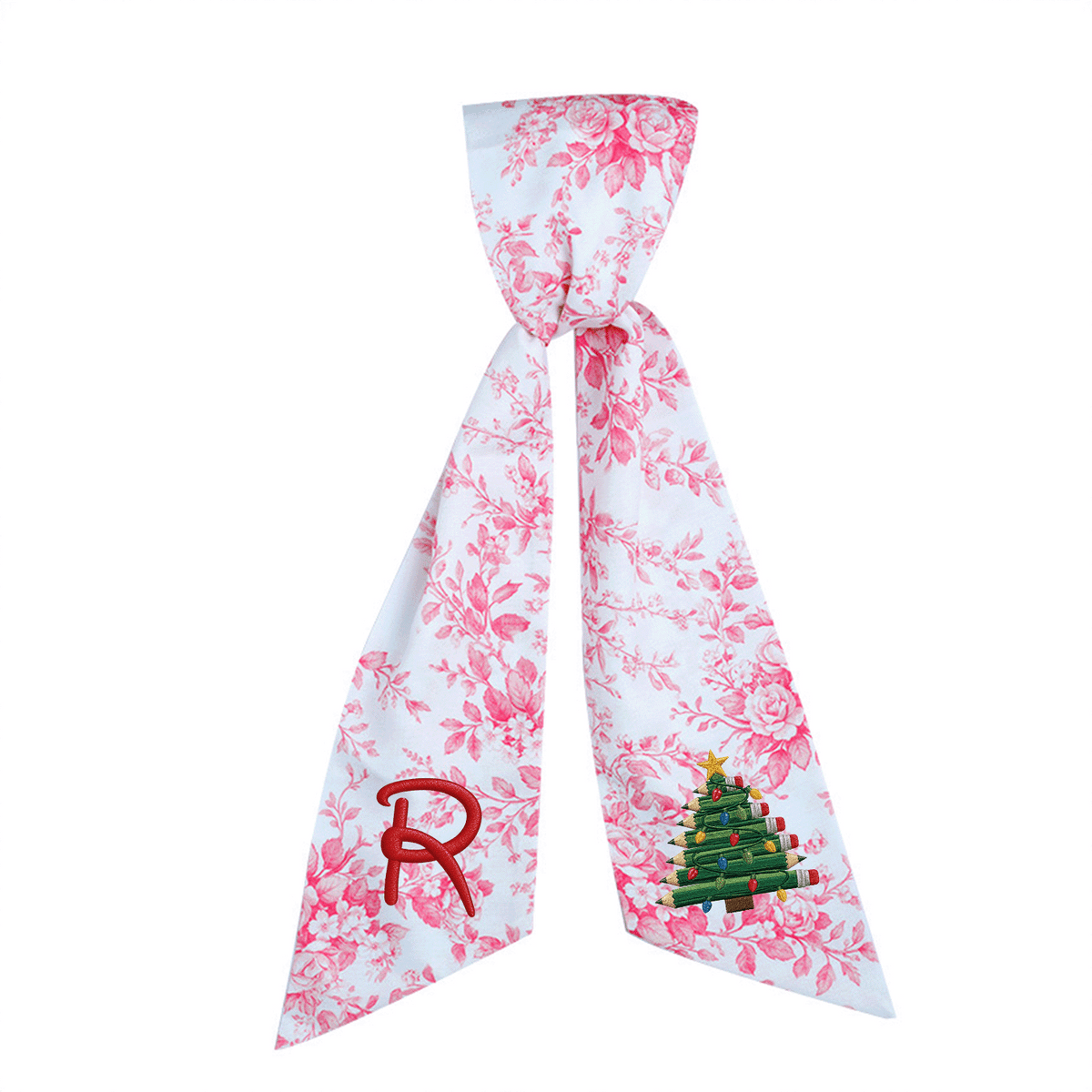 Custom Monogram Pencil Christmas Tree Embroidered Linen Door Wreath Sash, Personalized Initial Teacher School Pencil Tree Lights Holiday Wreath Sash & Front Door Decor