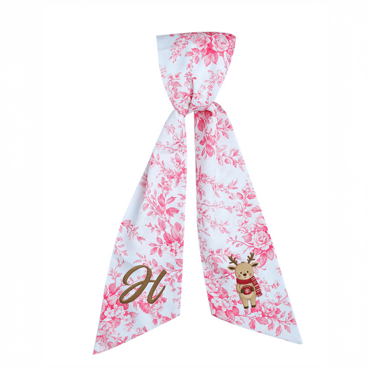 Custom Letter Christmas Reindeer Embroidered Linen Wreath Sash, Personalized Monogram Holiday Bow Sash for Door Decor