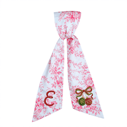 Custom Monogram Christmas Ornaments Embroidered Linen Door Wreath Sash, Personalized Initial Red Green Baubles Ribbon Holiday Wreath Sash & Front Door Decor