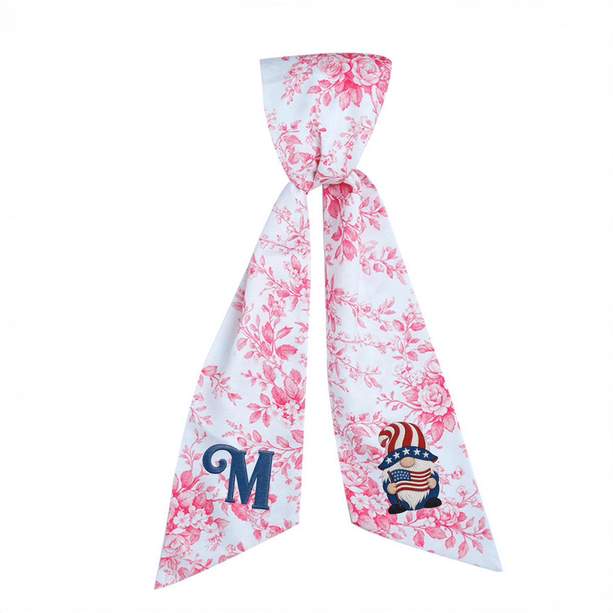 Custom Letter Patriotic Gnome American Flag Embroidered Linen Wreath Sash, Personalized Monogram 4th of July Bow Sash for Door Decor