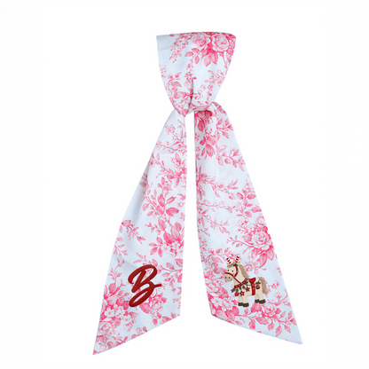 Custom Letter Christmas Rocking Horse Embroidered Linen Wreath Sash, Personalized Monogram Holiday Bow Sash for Door Decor